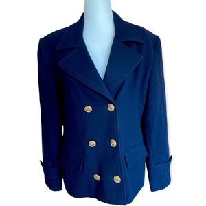 Vintage Wool Blazer International Scene Navy Blue Double Breasted Lined Size 12